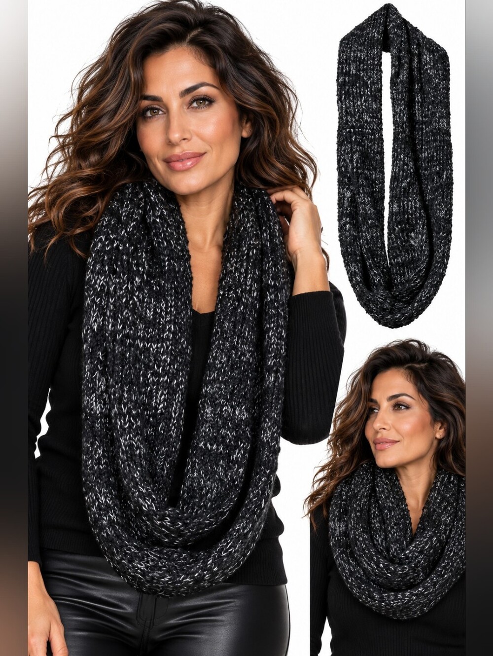 NWT Echo New York Black Marled Knit Infinity Scarf Wool Blend Unisex Chunky Tan